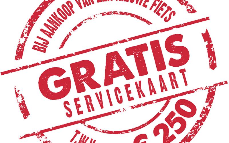 <p>Onze gratis servicekaarten zijn er in drie soorten:<br />
<br />
1. Voor stadsfietsen (t.w.v. &euro; 165)<br />
2. Voor sportieve fietsen&nbsp;(t.w.v. &euro; 180)<br />
3. Voor elektrische fietsen&nbsp;(t.w.v. &euro; 250)</p>
